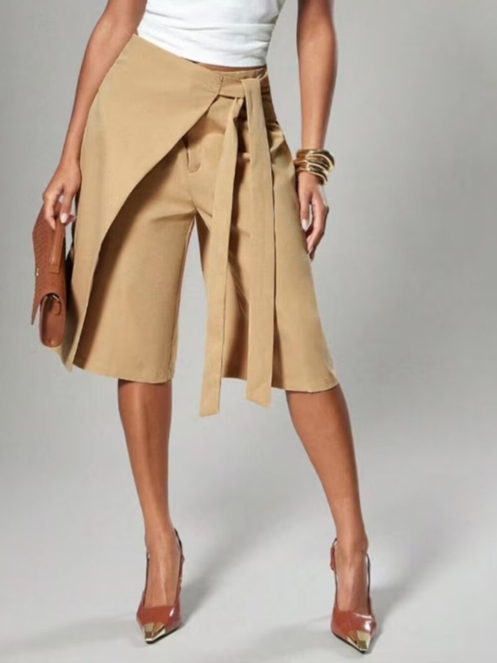 Women' High Waist Wide Leg Capri Pants - Draped Sash Cross Overlay Design